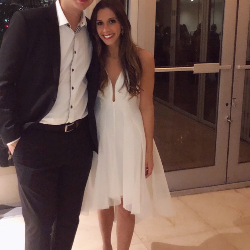 White structured mesh high low gown